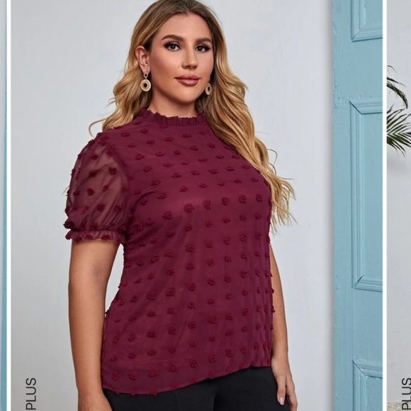 Shein Curve Plus Size 3XL Swiss Dot Top Blouse Size Burgundy Short Sleeve Lined - Picture 2 of 11